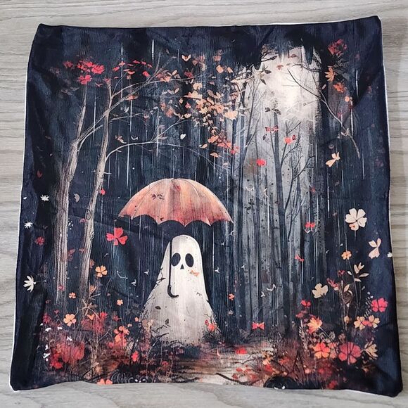 Halloween Decorative Throw Pillow Covers Ghost Forest Fall Leaves Zip Closure - Picture 3 of 8